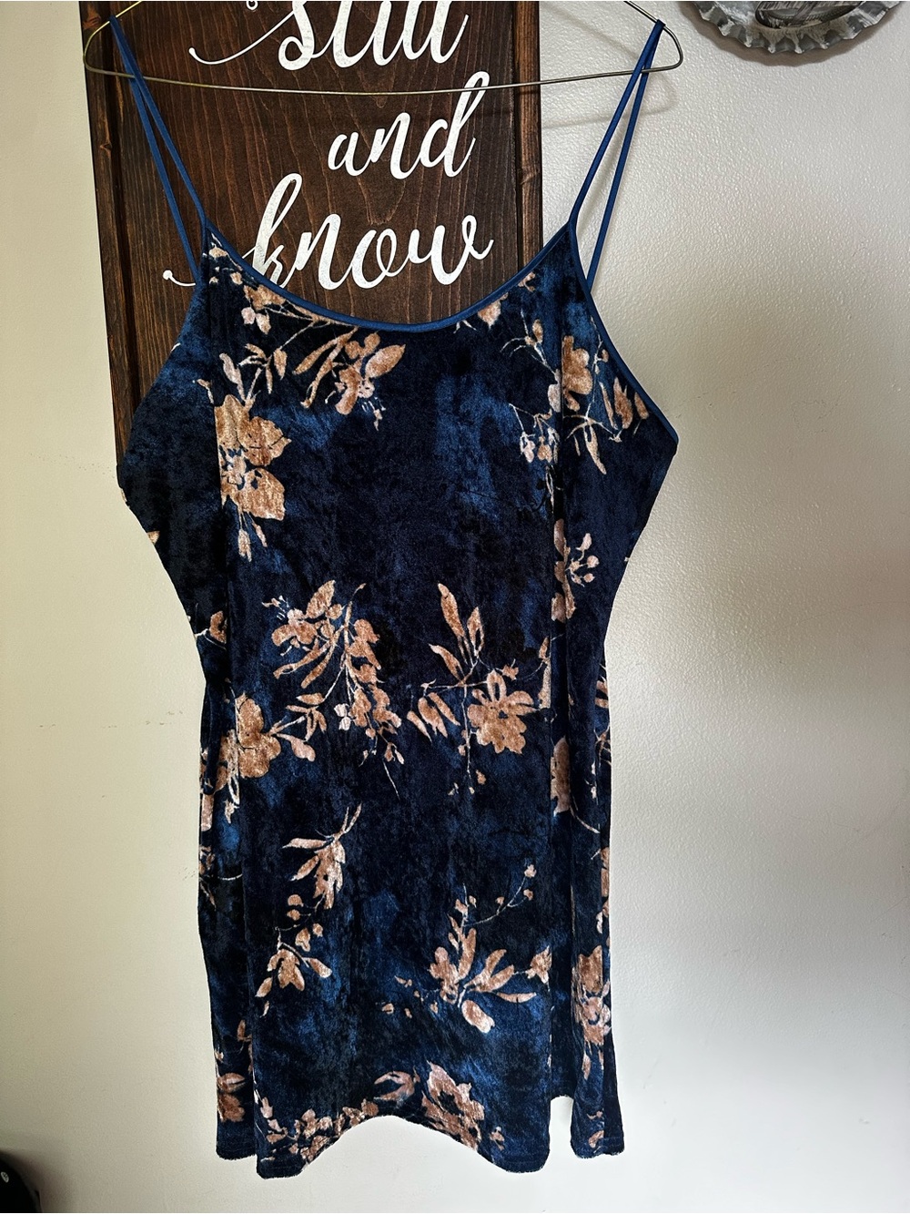 90s Vintage Velvet Floral Slip Dress - Navy Blue with Gold Floral